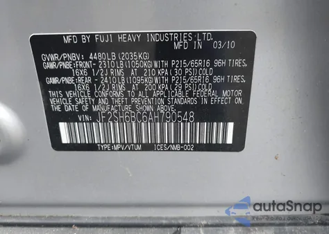2010 Subaru Forester 2.5X from USA, damaged, VIN JF2SH6BC6AH790548